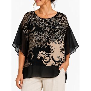 Travelers by Chico’s Paisley Overlay Top Black Beige Size 2